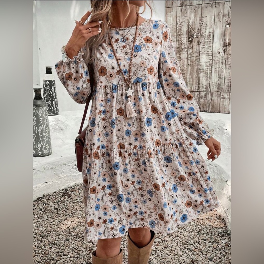 SHEIN Floral Long Sleeve Dress in Peach and Blue